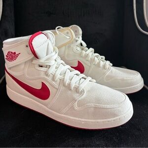 Jordan 1 Ajko Red and White canvas High-Top Sneakers, size 13